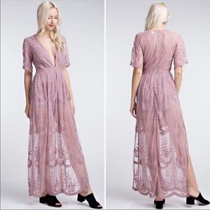 Honey Punch lace maxi romper, size small